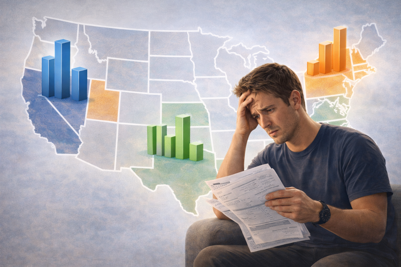 A bar chart and U.S. map with highlighted states, showing different health insurance costs, with a stressed person reviewing bills. Caption
