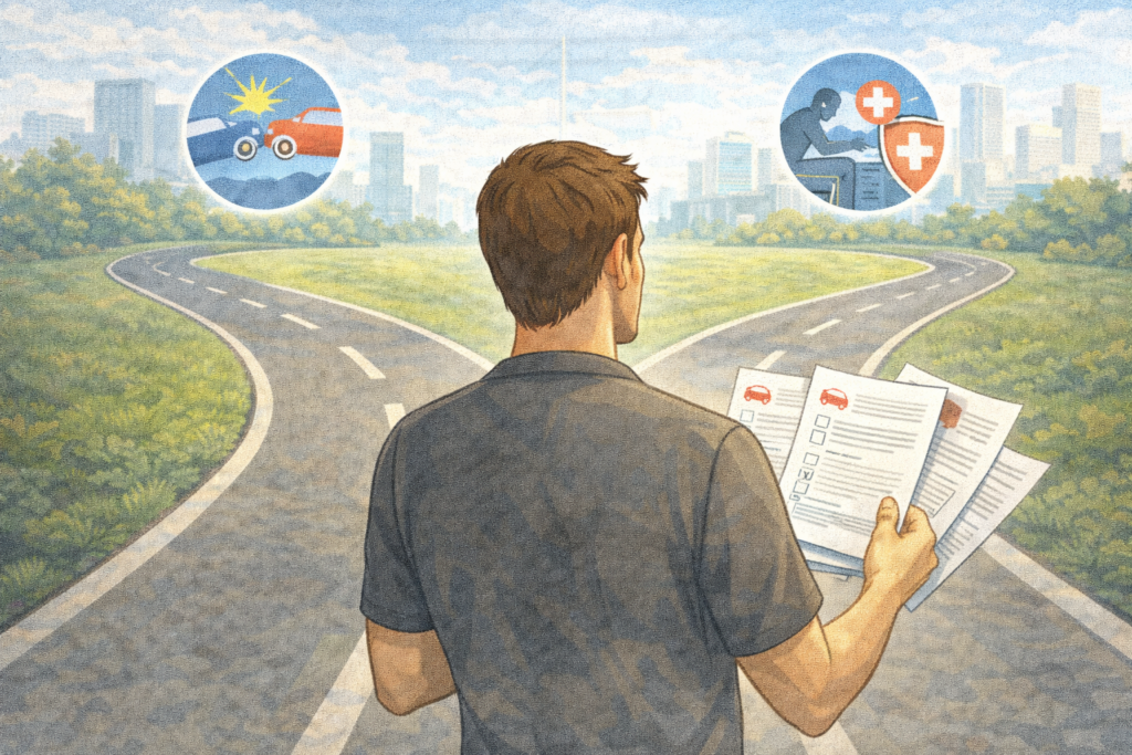 A driver looking at multiple car insurance documents while two paths diverge on a road, symbolizing different state requirements.