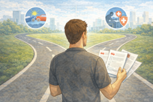A driver looking at multiple car insurance documents while two paths diverge on a road, symbolizing different state requirements.