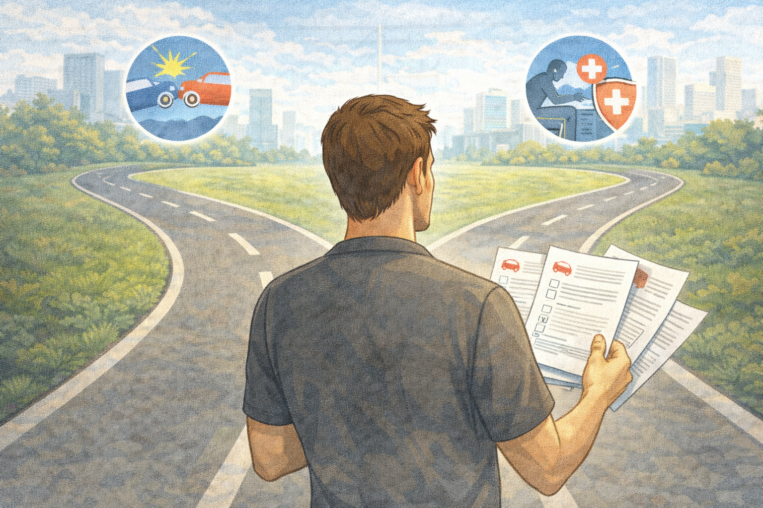 A driver looking at multiple car insurance documents while two paths diverge on a road, symbolizing different state requirements.