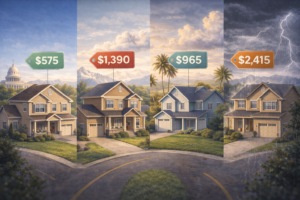A suburban neighborhood with houses showing different price tags hovering above them, indicating insurance premiums.