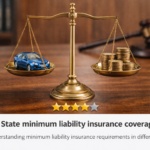A courtroom scale balancing a small car on one side and a stack of coins on the other, representing minimum liability coverage
