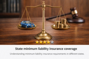A courtroom scale balancing a small car on one side and a stack of coins on the other, representing minimum liability coverage
