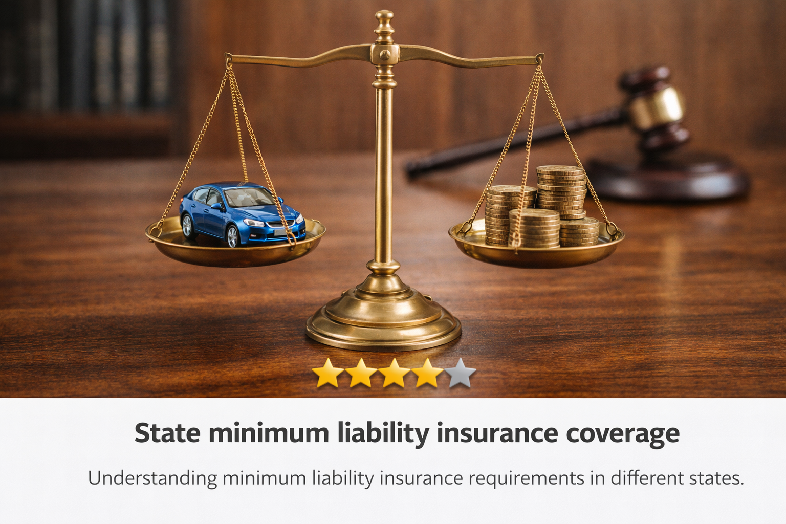 A courtroom scale balancing a small car on one side and a stack of coins on the other, representing minimum liability coverage