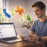 A person happily reviewing insurance options on a laptop with state icons and dollar signs floating around, indicating budget-friendly plans.