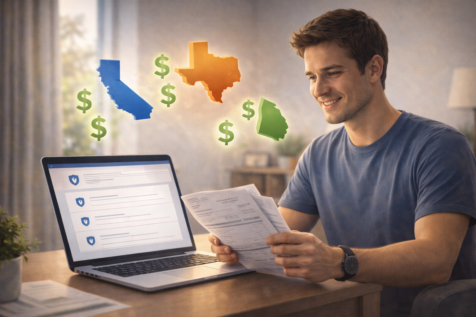 A person happily reviewing insurance options on a laptop with state icons and dollar signs floating around, indicating budget-friendly plans.