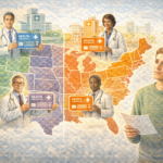 An illustration showing how health insurance regulations differ across U.S. states.