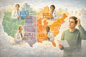 An illustration showing how health insurance regulations differ across U.S. states.