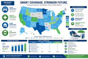 Comprehensive state-by-state insurance guide in the United States showing auto insurance, health insurance, homeowners insurance, and life insurance costs, coverage options, legal requirements, and policy comparisons across different states.