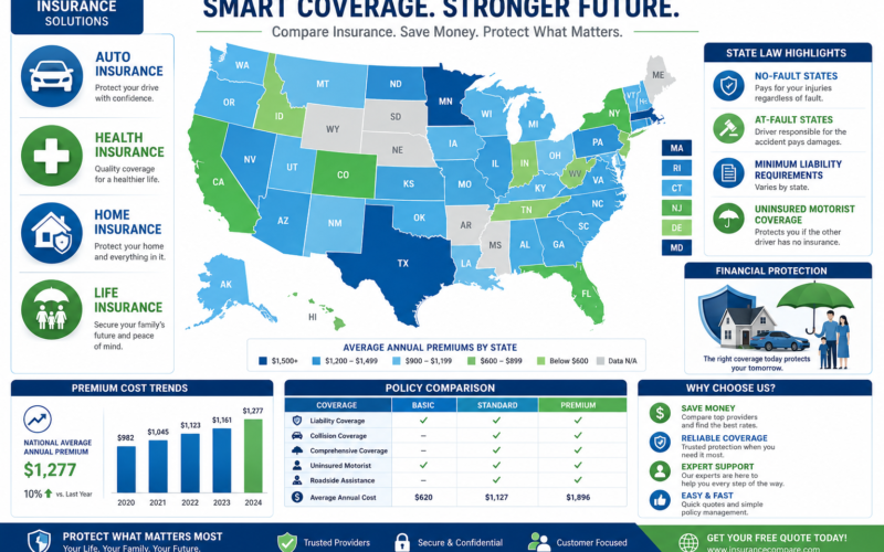 Comprehensive state-by-state insurance guide in the United States showing auto insurance, health insurance, homeowners insurance, and life insurance costs, coverage options, legal requirements, and policy comparisons across different states.